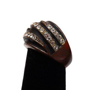 Vintage Zig Zag Striped Black & Copper Dome Ring W/ Rhinestones Size 7